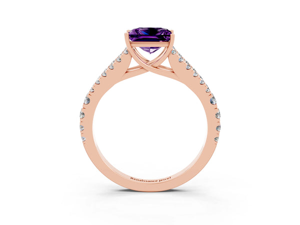 Rose gold Princess Cut Amethyst Split Shank Engagement Ring with Round Pavé and Prong Setting