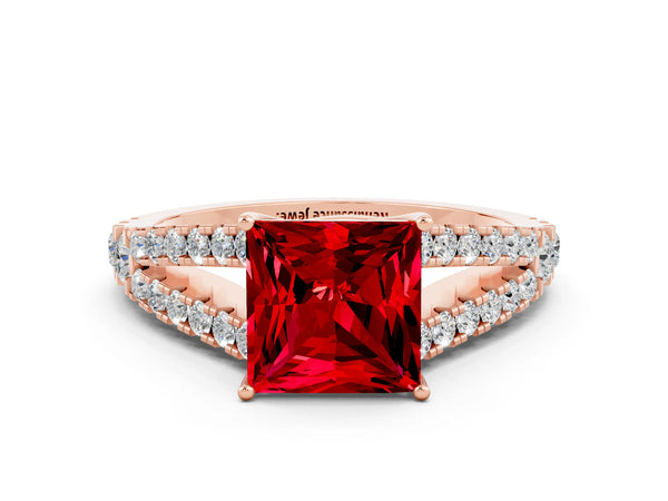 Rose gold Princess Cut Ruby Split Shank Engagement Ring with Round Pavé and Prong Setting