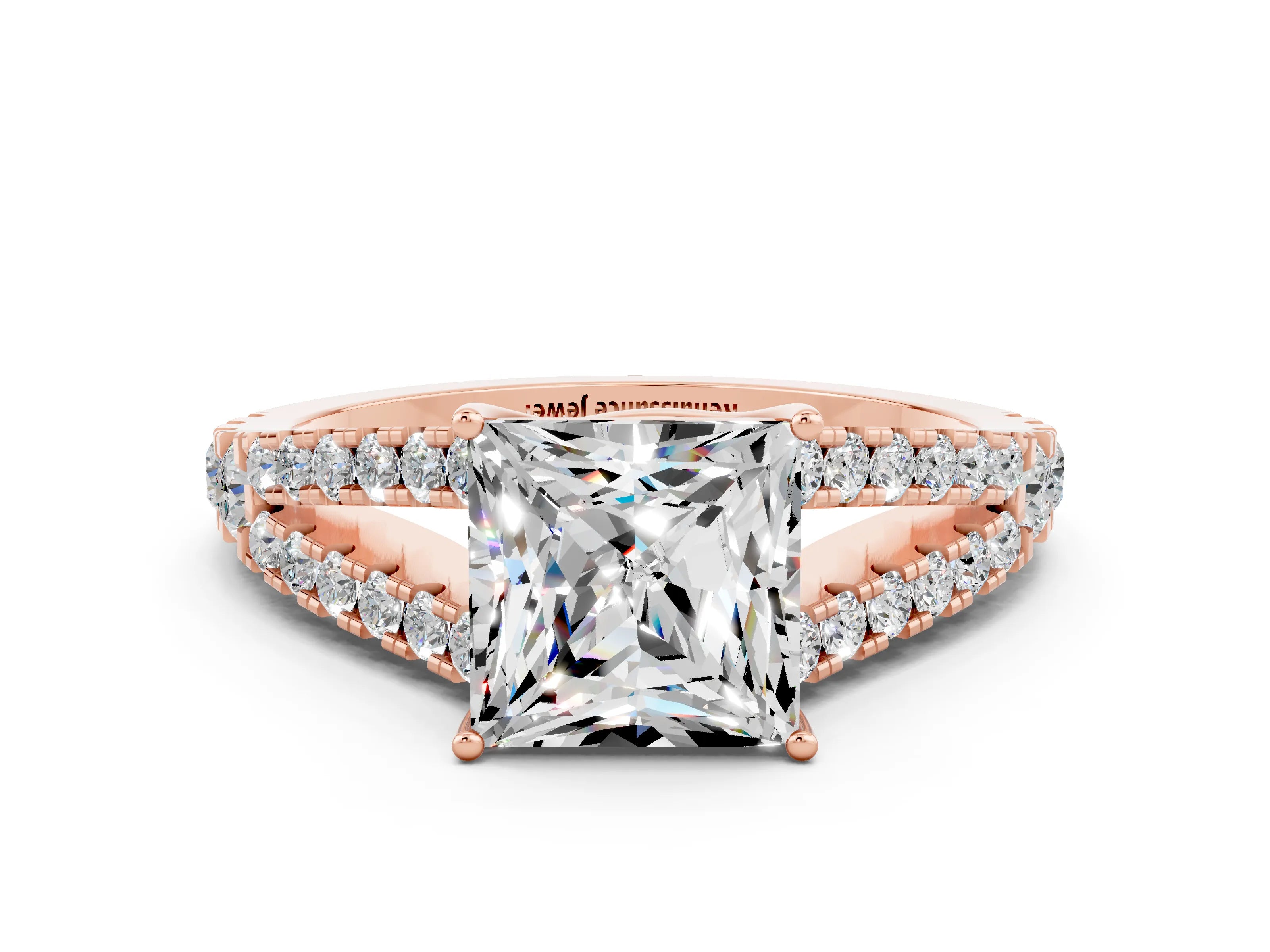 Rose gold Princess Cut Cut Split Shank Pave Diamond Engagement Ring with Four-Prong Setting