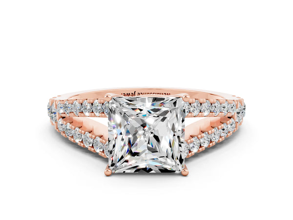 Rose gold Princess Cut Moissanite Split Shank Engagement Ring with Round Pavé and Prong Setting