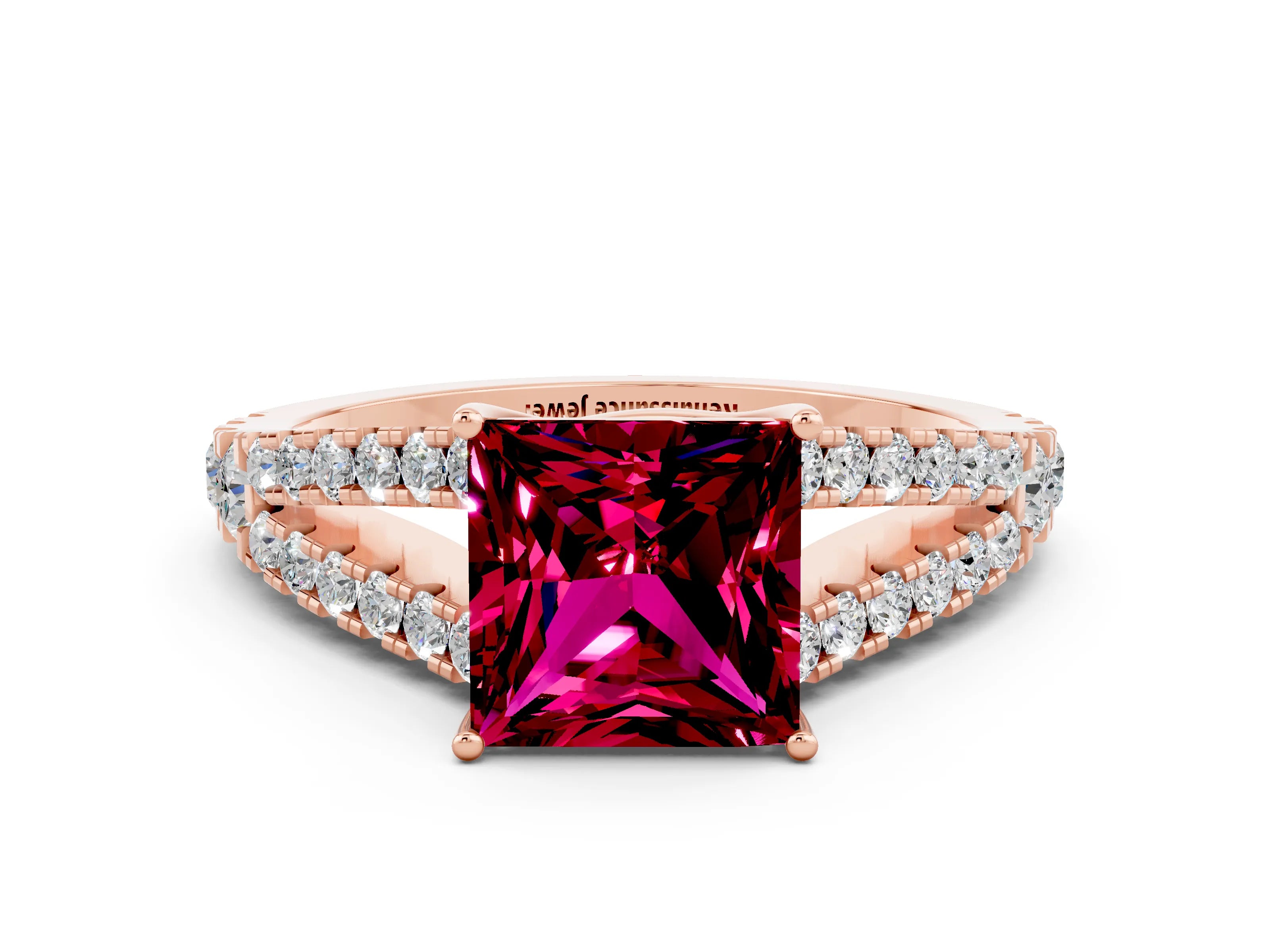 Rose gold Princess Cut Cut Split Shank Pave Diamond Engagement Ring with Four-Prong Setting