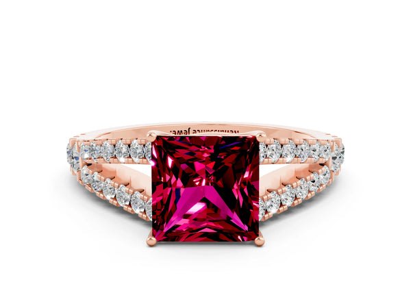 Rose gold Princess Cut Garnet Split Shank Engagement Ring with Round Pavé and Prong Setting