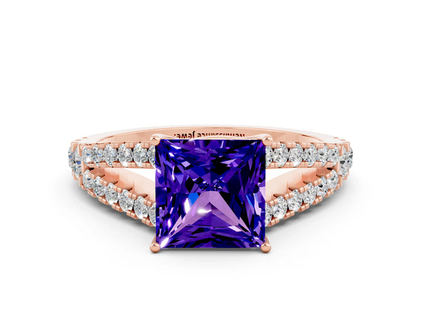 Rose gold Princess Cut Tanzanite Split Shank Engagement Ring with Round Pavé and Prong Setting