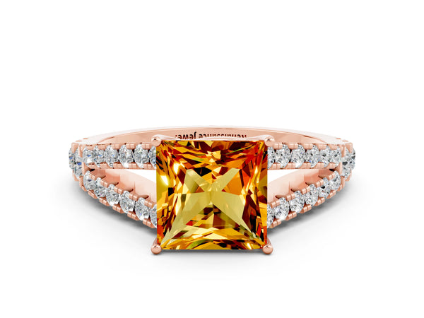 Rose gold Princess Cut Citrine Split Shank Engagement Ring with Round Pavé and Prong Setting