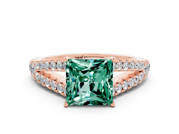 Rose gold Princess Cut Green Sapphire Split Shank Engagement Ring with Round Pavé and Prong Setting