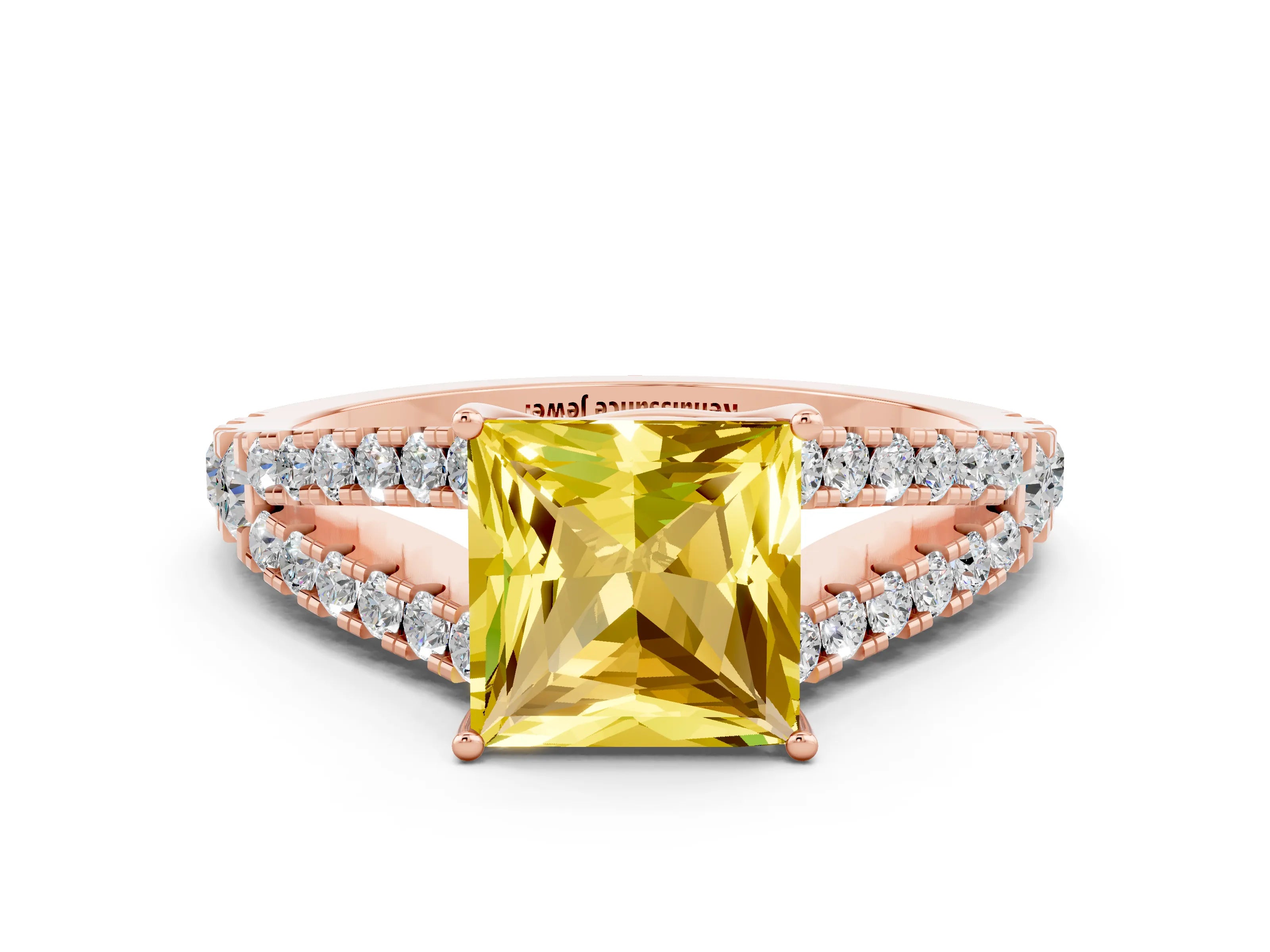 Rose gold Princess Cut Cut Split Shank Pave Diamond Engagement Ring with Four-Prong Setting