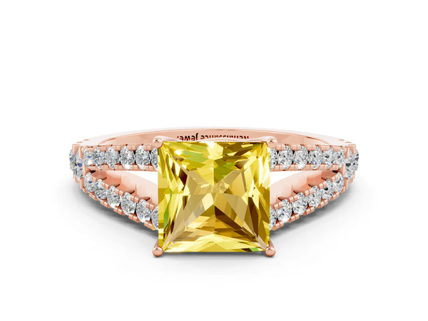 Rose gold Princess Cut Yellow Sapphire Split Shank Engagement Ring with Round Pavé and Prong Setting
