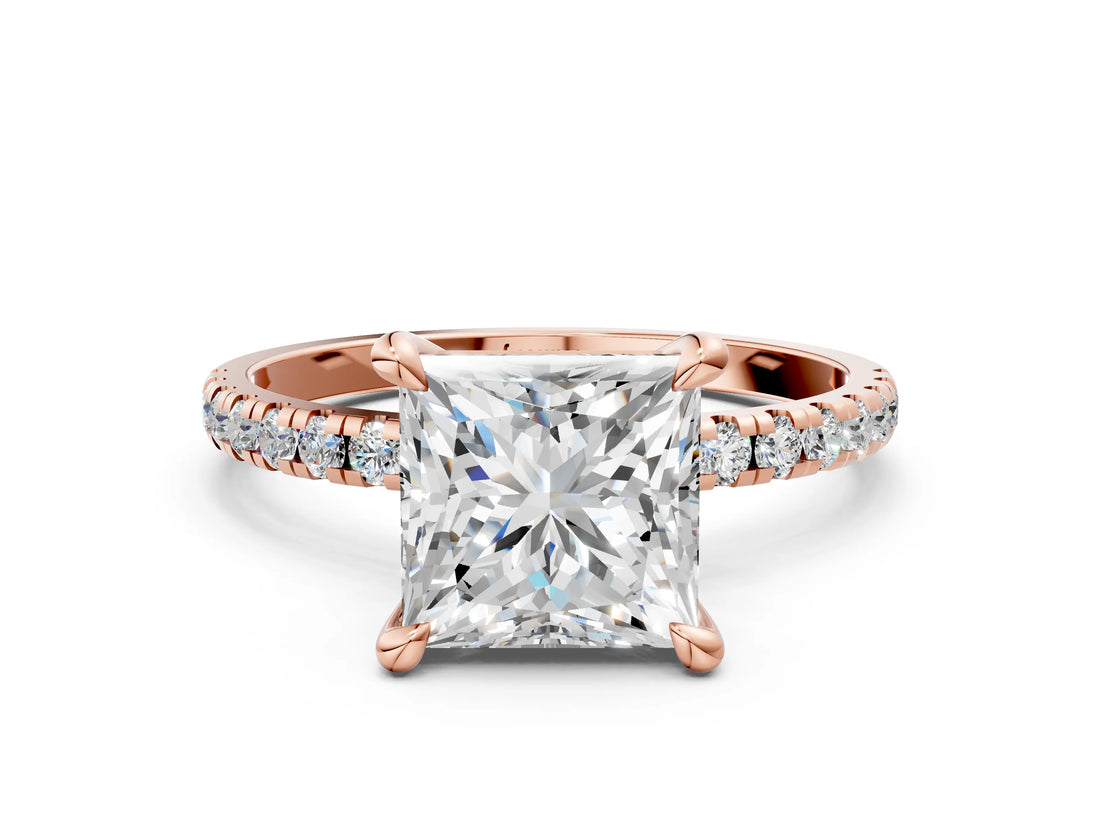 Rose gold Princess Cut Diamond Brilliant Solitaire Ring with Pavé Band and Four-Prong Setting_15