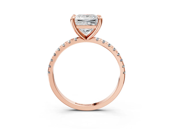 Rose gold Princess Cut Diamond Brilliant Solitaire Ring with Pavé Band and Four-Prong Setting