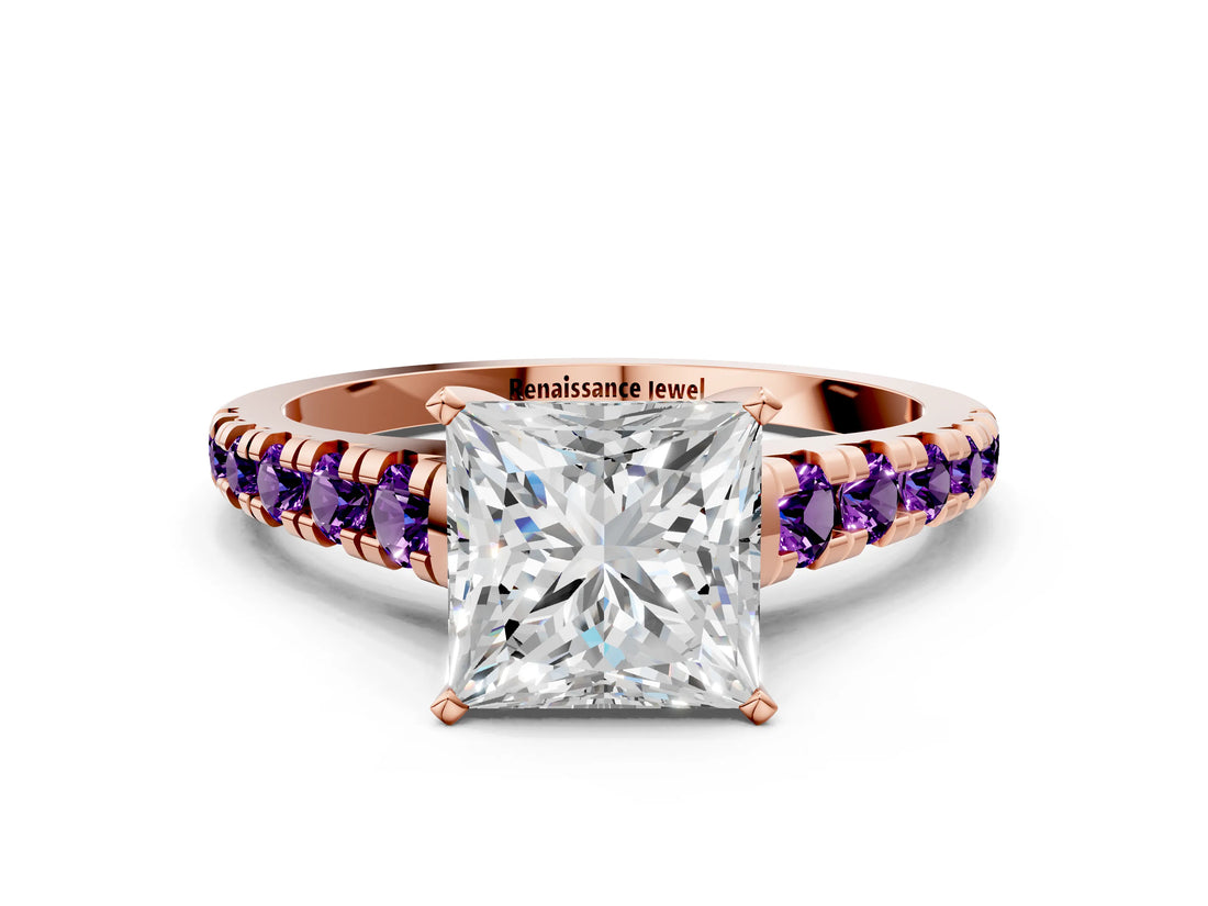 Rose gold Princess Cut Diamond Cathedral Solitaire Ring with Round with Amethyst side stone Pavé Band_12