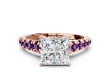 Rose gold Princess Cut Diamond Cathedral Solitaire Ring with Round with Amethyst side stone Pavé Band_12