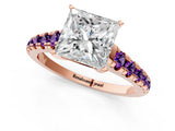 Rose gold Princess Cut Diamond Cathedral Solitaire Ring with Round with Amethyst side stone Pavé Band_13