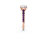 Rose gold Princess Cut Diamond Cathedral Solitaire Ring with Round with Amethyst side stone Pavé Band_14