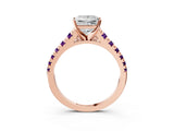 Rose gold Princess Cut Diamond Cathedral Solitaire Ring with Round with Amethyst side stone Pavé Band_15