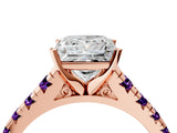 Rose gold Princess Cut Diamond Cathedral Solitaire Ring with Round with Amethyst side stone Pavé Band_16