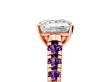 Rose gold Princess Cut Diamond Cathedral Solitaire Ring with Round with Amethyst side stone Pavé Band_17