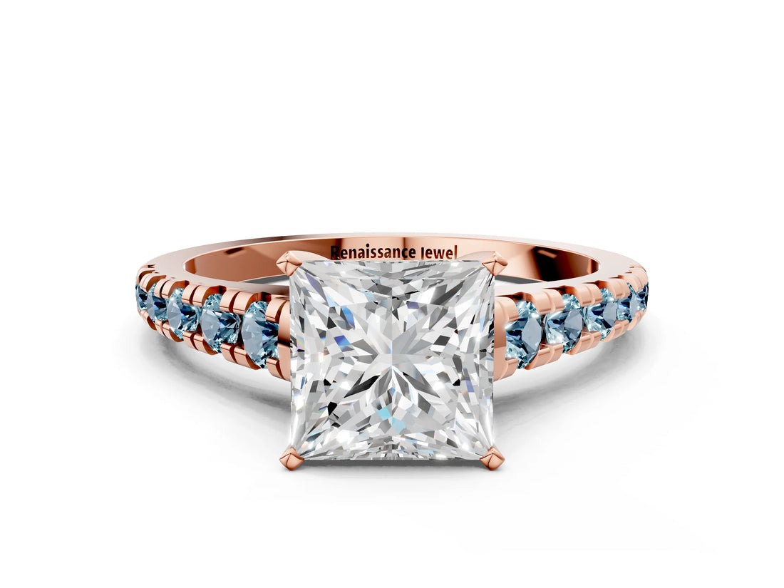 Rose gold Princess Cut Diamond Cathedral Solitaire Ring with Round with Aquamarine side stone Pavé Band_12