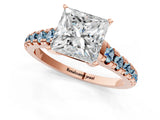 Rose gold Princess Cut Diamond Cathedral Solitaire Ring with Round with Aquamarine side stone Pavé Band_13
