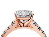 Rose gold Princess Cut Diamond Cathedral Solitaire Ring with Round with Aquamarine side stone Pavé Band_16