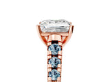 Rose gold Princess Cut Diamond Cathedral Solitaire Ring with Round with Aquamarine side stone Pavé Band_17