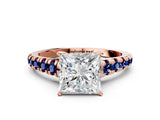 Rose gold Princess Cut Diamond Cathedral Solitaire Ring with Round with Blue Sapphire side stone Pavé Band_12