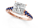 Rose gold Princess Cut Diamond Cathedral Solitaire Ring with Round with Blue Sapphire side stone Pavé Band_13