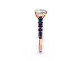 Rose gold Princess Cut Diamond Cathedral Solitaire Ring with Round with Blue Sapphire side stone Pavé Band_14