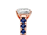 Rose gold Princess Cut Diamond Cathedral Solitaire Ring with Round with Blue Sapphire side stone Pavé Band_17