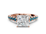 Rose gold Princess Cut Diamond Cathedral Solitaire Ring with Round with Blue Topaz side stone Pavé Band