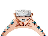 Rose gold Princess Cut Diamond Cathedral Solitaire Ring with Round with Blue Topaz side stone Pavé Band_4