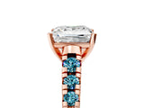 Rose gold Princess Cut Diamond Cathedral Solitaire Ring with Round with Blue Topaz side stone Pavé Band_5