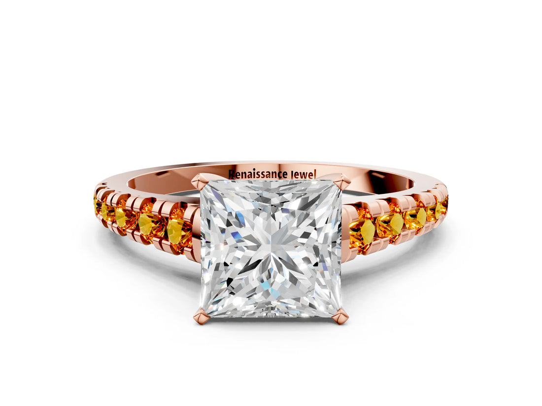 Rose gold Princess Cut Diamond Cathedral Solitaire Ring with Round with Citrine side stone Pavé Band_24