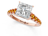 Rose gold Princess Cut Diamond Cathedral Solitaire Ring with Round with Citrine side stone Pavé Band_25