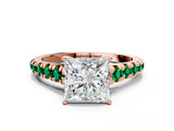 Rose gold Princess Cut Diamond Cathedral Solitaire Ring with Round with Emerald side stone Pavé Band