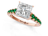 Rose gold Princess Cut Diamond Cathedral Solitaire Ring with Round with Emerald side stone Pavé Band_1