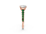 Rose gold Princess Cut Diamond Cathedral Solitaire Ring with Round with Emerald side stone Pavé Band_2