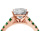 Rose gold Princess Cut Diamond Cathedral Solitaire Ring with Round with Emerald side stone Pavé Band_4