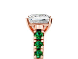 Rose gold Princess Cut Diamond Cathedral Solitaire Ring with Round with Emerald side stone Pavé Band_5