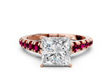 Rose gold Princess Cut Diamond Cathedral Solitaire Ring with Round with Garnet side stone Pavé Band_12