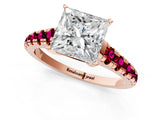 Rose gold Princess Cut Diamond Cathedral Solitaire Ring with Round with Garnet side stone Pavé Band_13