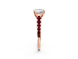Rose gold Princess Cut Diamond Cathedral Solitaire Ring with Round with Garnet side stone Pavé Band_14