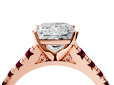 Rose gold Princess Cut Diamond Cathedral Solitaire Ring with Round with Garnet side stone Pavé Band_16