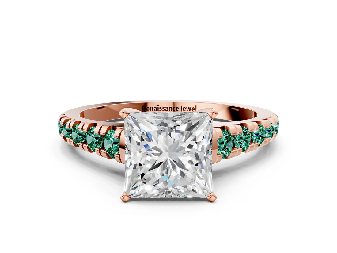 Rose gold Princess Cut Diamond Cathedral Solitaire Ring with Round with Green Sapphire side stone Pavé Band_12