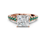 Rose gold Princess Cut Diamond Cathedral Solitaire Ring with Round with Green Sapphire side stone Pavé Band_12