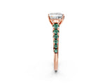 Rose gold Princess Cut Diamond Cathedral Solitaire Ring with Round with Green Sapphire side stone Pavé Band_14