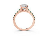 Rose gold Princess Cut Diamond Cathedral Solitaire Ring with Round with Green Sapphire side stone Pavé Band_15