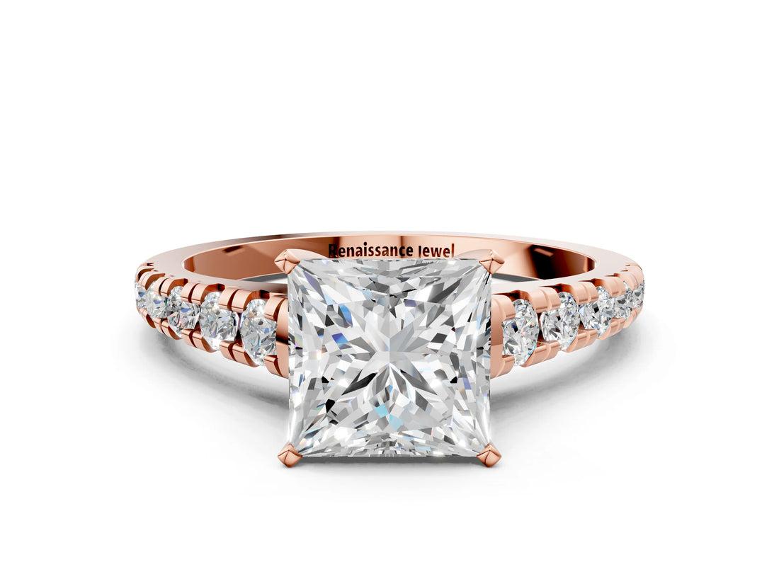 Rose gold Princess Cut Diamond Cathedral Solitaire Ring with Round with Moissanite side stone Pavé Band_24