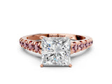 Rose gold Princess Cut Diamond Cathedral Solitaire Ring with Round with Morganite side stone Pavé Band_12