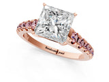 Rose gold Princess Cut Diamond Cathedral Solitaire Ring with Round with Morganite side stone Pavé Band_13
