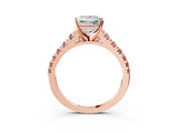 Rose gold Princess Cut Diamond Cathedral Solitaire Ring with Round with Morganite side stone Pavé Band_15
